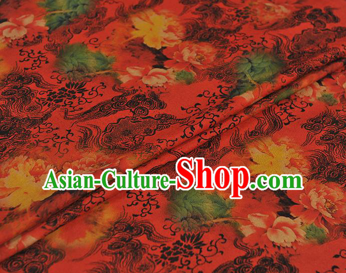 Chinese Red Gambiered Guangdong Gauze Traditional Peony Flowers Pattern Dress Fabric Cheongsam Silk Cloth