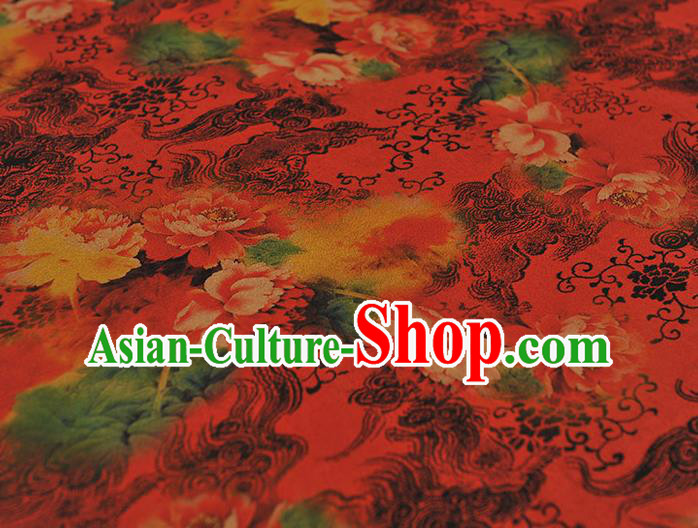 Chinese Red Gambiered Guangdong Gauze Traditional Peony Flowers Pattern Dress Fabric Cheongsam Silk Cloth