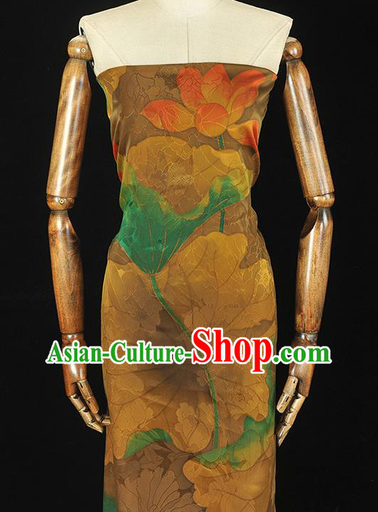 Top Chinese Traditional Jacquard Khaki Satin Cloth Cheongsam Silk Fabric Classical Lotus Pattern Gambiered Guangdong Gauze