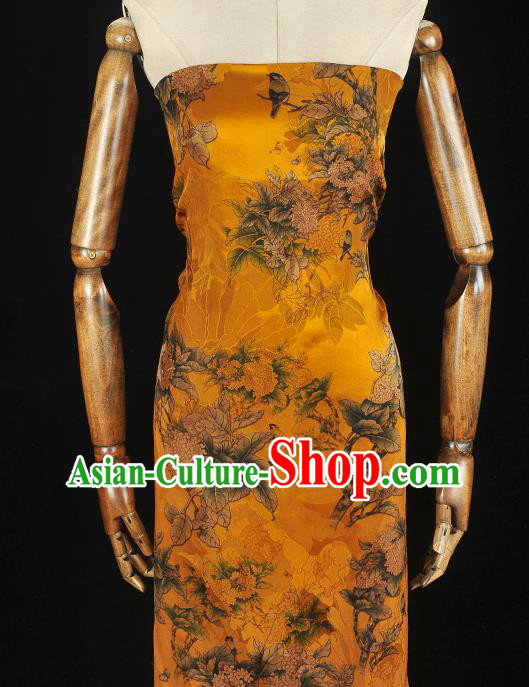 Top Chinese Classical Hydrangea Pattern Yellow Gambiered Guangdong Gauze Traditional Jacquard Satin Cloth Cheongsam Silk Fabric