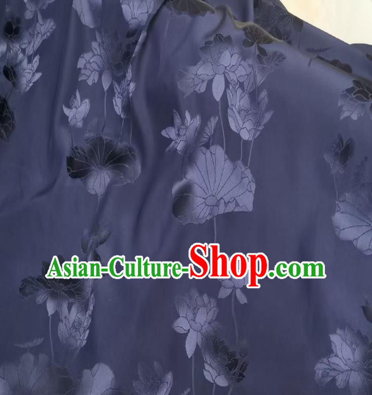 Chinese Traditional Jacquard Brocade Drapery Cheongsam Silk Fabric Classical Lotus Pattern Navy Satin Cloth