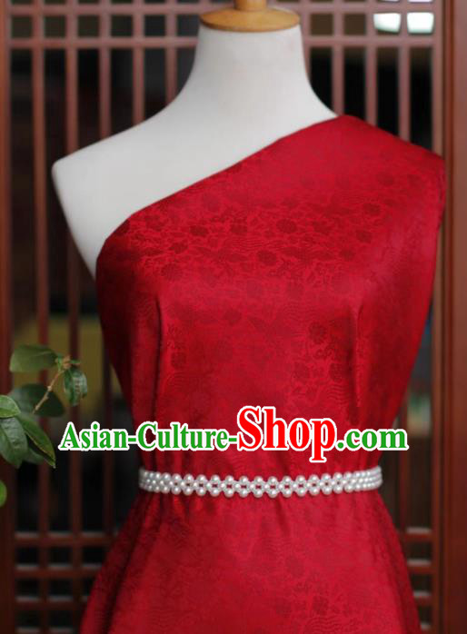 Chinese Traditional Qipao Dress Drapery Silk Fabric Classical Phoenix Peony Pattern Wine Red Brocade Cloth Tapestry Material