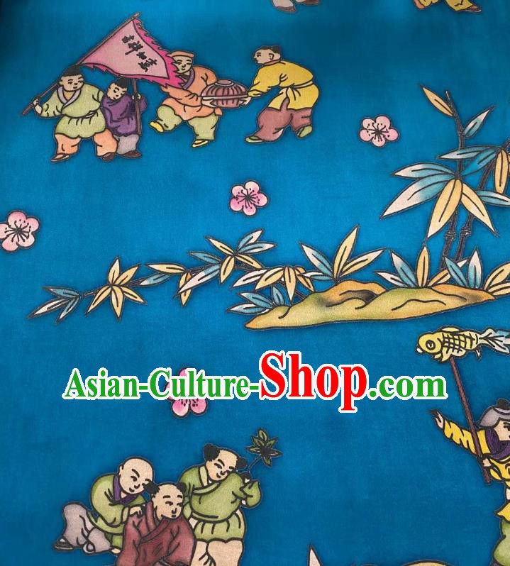 Chinese Blue Gambiered Guangdong Gauze Material Traditional Qipao Dress Hand Painting Drapery Silk Fabric Classical Boys Pattern Brocade Cloth