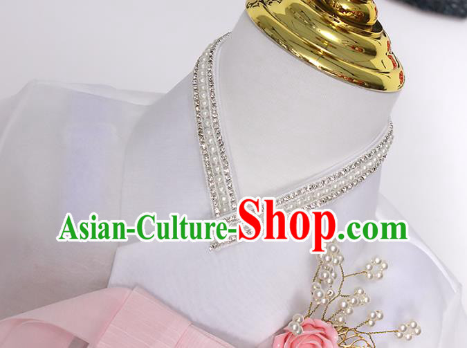 Traditional Korean Hanbok Clothing Children Girl White Blouse and Pink Dress Fashion Apparels