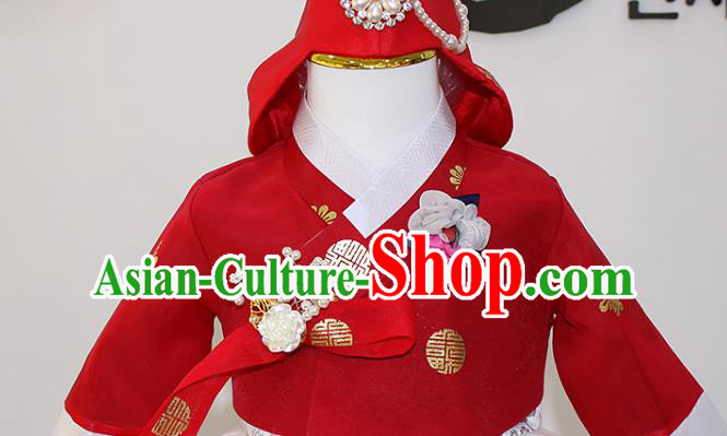 Traditional Korean Fashion Apparels Hanbok Clothing Children Girl Red Blouse and White Dress