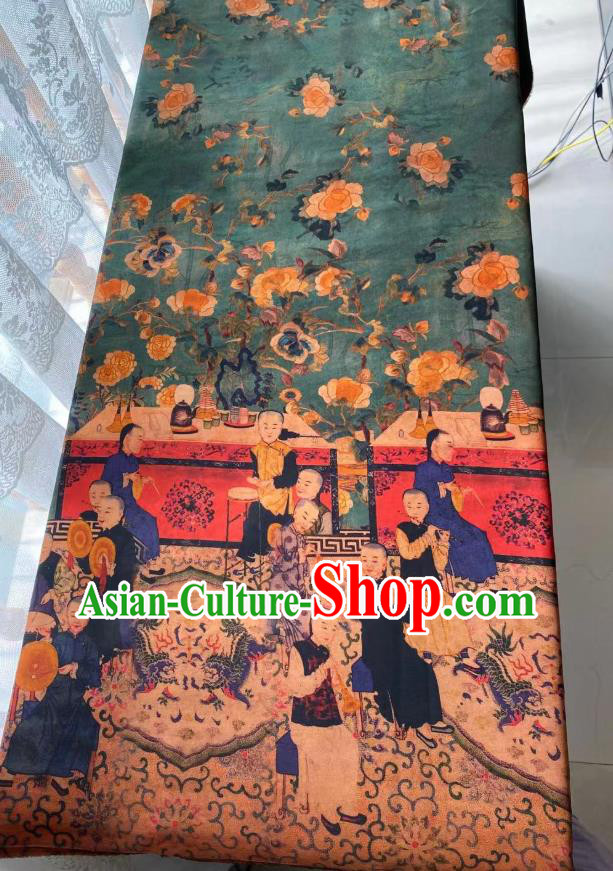 Chinese Silk Fabric Classical Qing Dynasty Pattern Brocade Cloth Green Gambiered Guangdong Gauze Material Traditional Qipao Dress Drapery