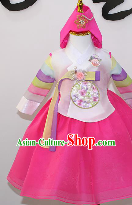 Traditional Korean Fashion Apparels Baby Princess Hanbok Clothing Children Girl White Blouse and Rosy Dress