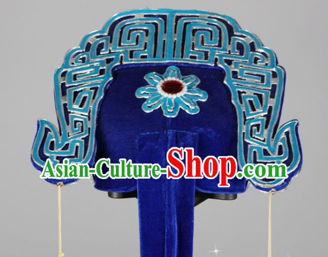 China Traditional Huangmei Opera Headdress Beijing Opera Xiaosheng Headwear Shaoxing Opera Scholar Blue Hat