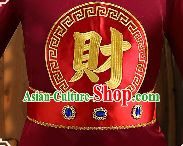 Chinese Ancient God of Wealth Clothing Traditional Cosplay Garment Wine Red Official Robe and Hat
