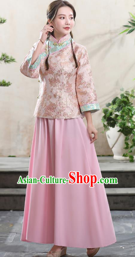 Republic of China Young Woman Clothing Traditional Tang Suit Pink Blouse and Skirt