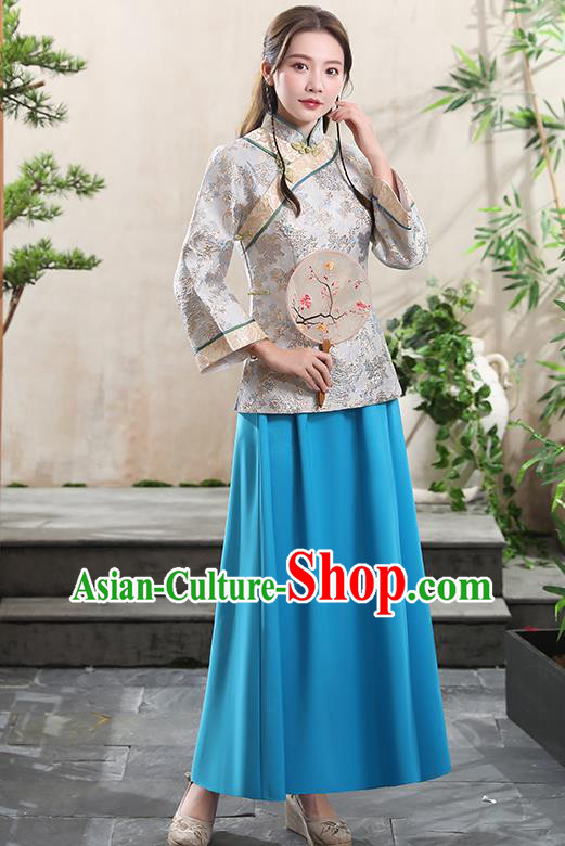 Republic of China Traditional Tang Suit Argent Blouse and Blue Skirt Young Woman Clothing