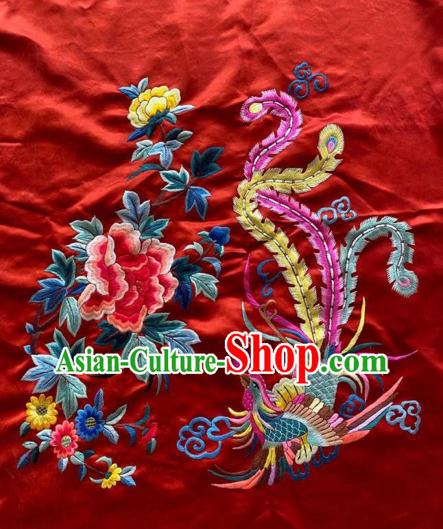 Chinese Traditional Embroidered Phoenix Peony Red Silk Cloth Hand Embroidery Craft