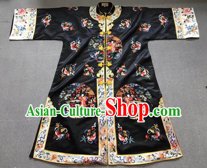 China Tang Suit Outer Garment Traditional Black Silk Coat Clothing National Embroidered Overcoat