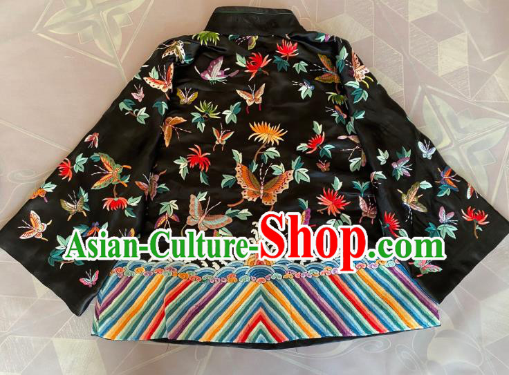 China Traditional Black Silk Coat National Embroidered Flowers Butterfly Jacket Tang Suit Outer Garment