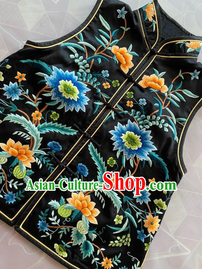 China Tang Suit Upper Outer Garment Traditional Black Silk Vest National Embroidered Flowers Waistcoat