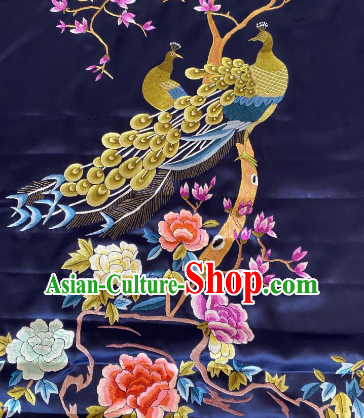 Chinese Hand Embroidery Navy Silk Applique Craft Traditional Embroidered Peacock Mangnolia Cloth