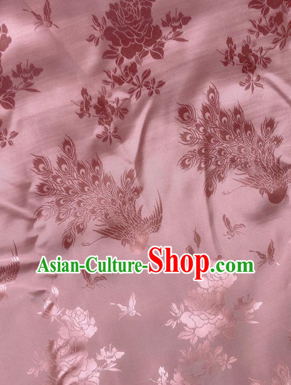 China Traditional Cheongsam Brocade Cloth Jacquard Pink Satin Drapery Classical Peacock Pattern Silk Fabric