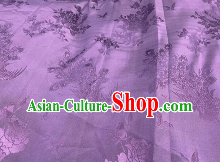 China Classical Peacock Pattern Silk Fabric Traditional Cheongsam Brocade Cloth Jacquard Violet Satin Drapery