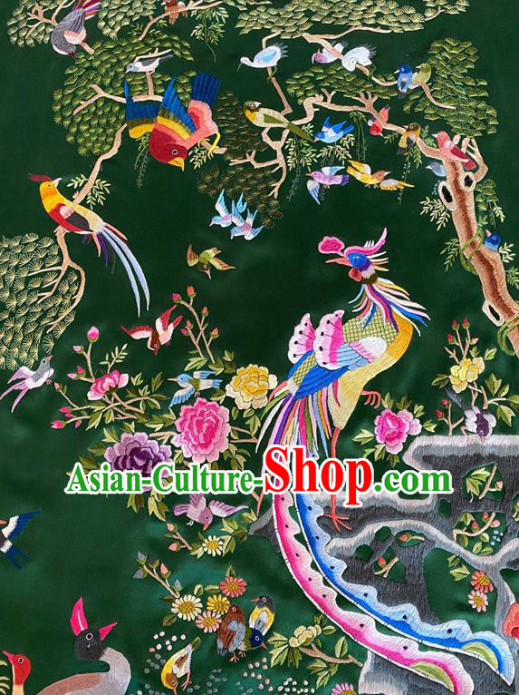 Chinese Traditional Embroidered Phoenix Birds Cloth Hand Embroidery Green Silk Applique Craft