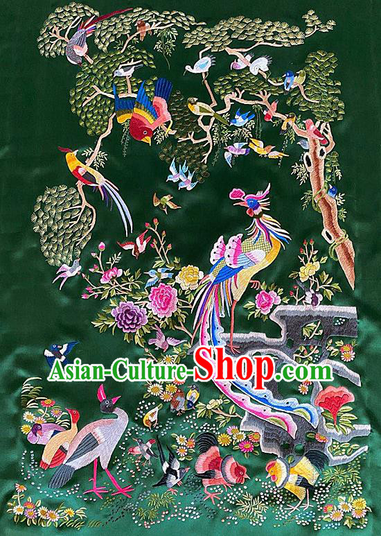 Chinese Traditional Embroidered Phoenix Birds Cloth Hand Embroidery Green Silk Applique Craft