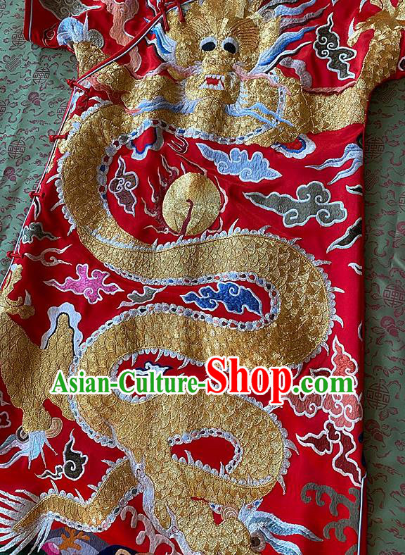 China Traditional Red Silk Cheongsam National Embroidered Dragon Qipao Dress Clothing