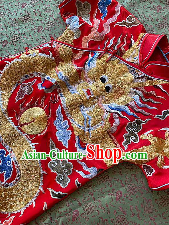 China Traditional Red Silk Cheongsam National Embroidered Dragon Qipao Dress Clothing