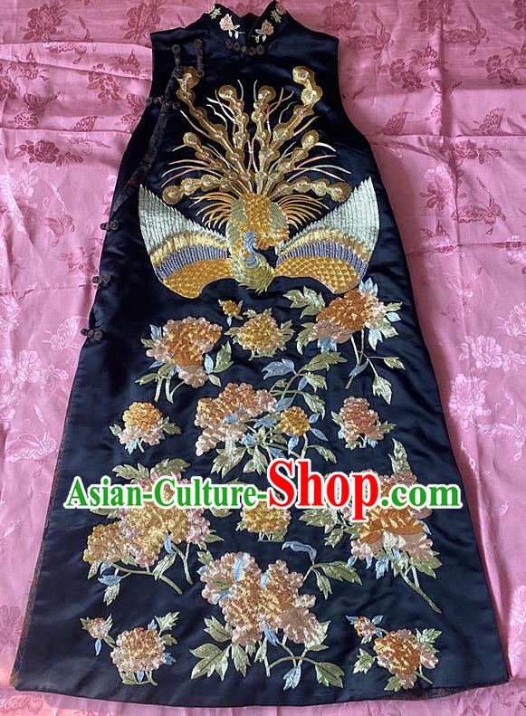 China Tang Suit Embroidery Phoenix Peony Qipao Dress Traditional Navy Silk Cheongsam National Embroidered Clothing