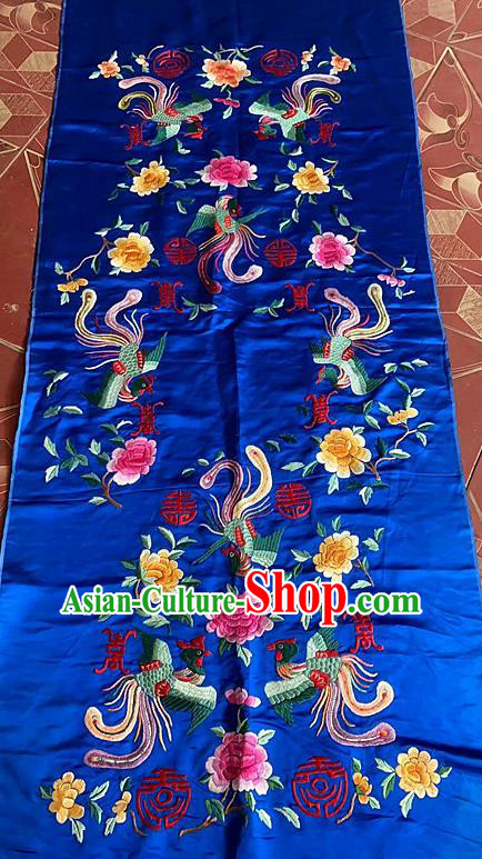 Chinese Traditional Embroidered Phoenix Peony Cloth Patch Hand Embroidery Royalblue Silk Applique Craft