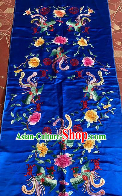 Chinese Traditional Embroidered Phoenix Peony Cloth Patch Hand Embroidery Royalblue Silk Applique Craft