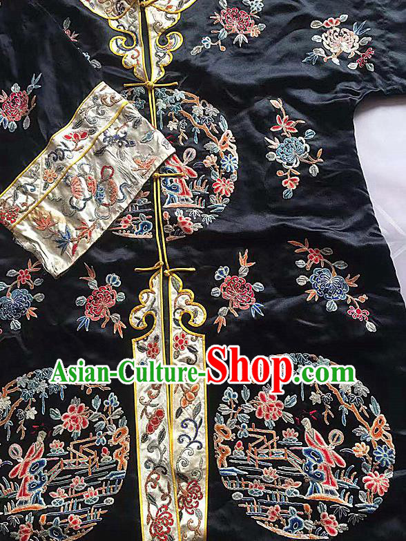 China Traditional Court Black Silk Coat National Embroidered Clothing Qing Dynasty Embroidery Long Gown