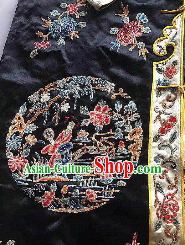 China Traditional Court Black Silk Coat National Embroidered Clothing Qing Dynasty Embroidery Long Gown