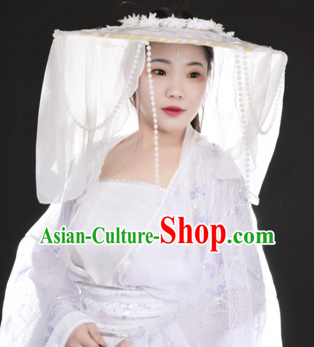 China Ancient Swordswoman White Veil Headwear Traditional Song Dynasty Princess Bamboo Hat