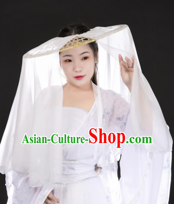 China Traditional Ming Dynasty Princess Bamboo Hat Ancient Swordswoman White Veil Headwear