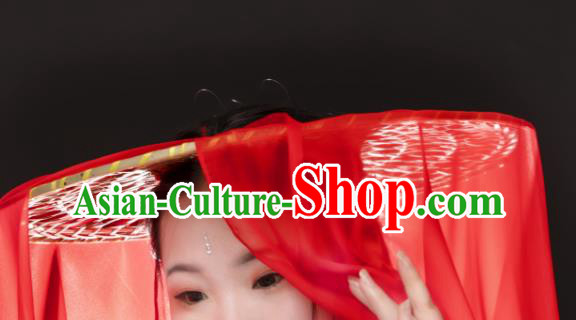 China Traditional Ming Dynasty Swordswoman Red Veil Headwear Ancient Princess Bamboo Hat