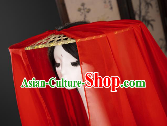 China Traditional Ming Dynasty Swordswoman Red Veil Headwear Ancient Princess Bamboo Hat