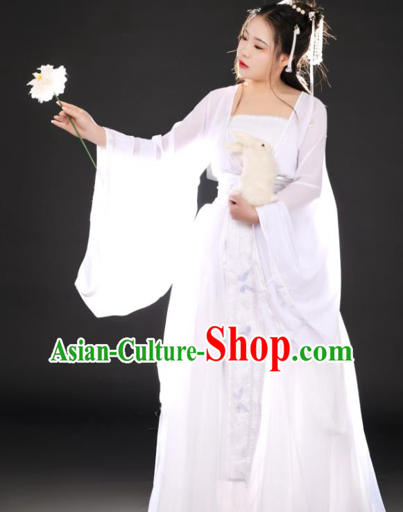 China Ancient Fairy Goddess White Hanfu Dress Garments Traditional Cosplay Tang Dynasty Princess Clothing
