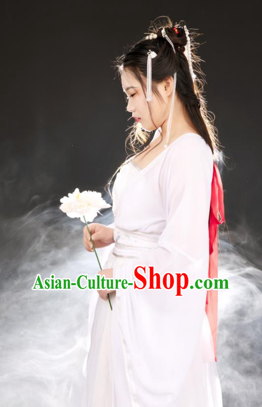 China Ancient Fairy Goddess White Hanfu Dress Garments Traditional Cosplay Tang Dynasty Princess Clothing