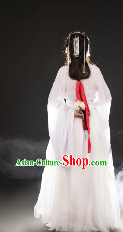 China Ancient Fairy Goddess White Hanfu Dress Garments Traditional Cosplay Tang Dynasty Princess Clothing