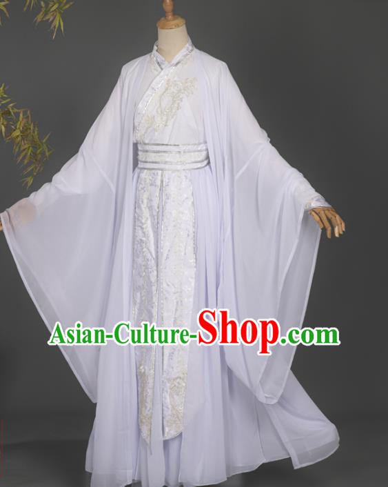 Chinese Ancient Scholar White Hanfu Clothing Traditional Cosplay Young Swordsman Garment Costumes