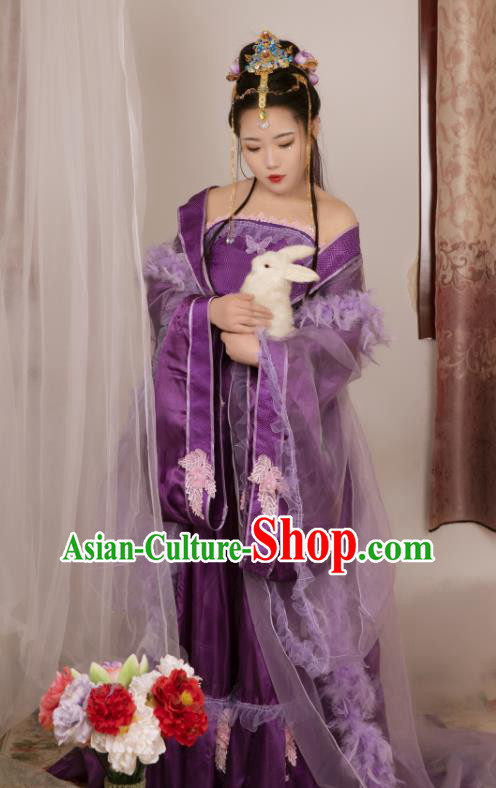 China Traditional Cosplay Tang Dynasty Imperial Consort Clothing Ancient Goddess Purple Hanfu Dress Garments