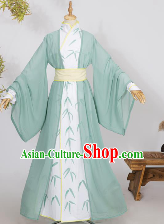 Chinese Ancient Scholar Hanfu Clothing Traditional Cosplay Noble Childe Green Garment Costumes