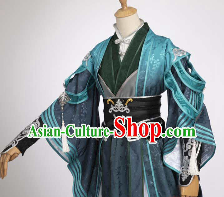 Chinese Ancient Knight Blue Hanfu Clothing Traditional Cosplay Tang Dynasty Swordsman Garment Costumes