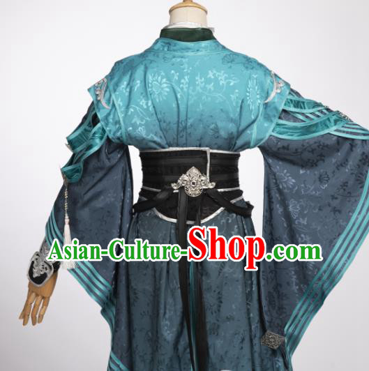 Chinese Ancient Knight Blue Hanfu Clothing Traditional Cosplay Tang Dynasty Swordsman Garment Costumes