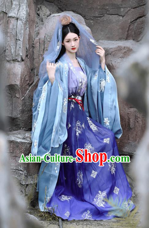 China Traditional Tang Dynasty Palace Beauty Historical Clothing Ancient Princess Blue Hanfu Dress Garments Complete Set
