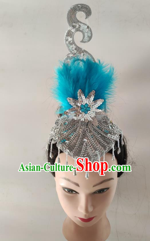 China Woman Fan Dance Hair Accessories Folk Dance Tassel Headwear Traditional Yangko Dance Blue Feather Hair Crown