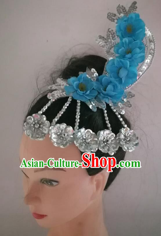 China Folk Dance Blue Plum Hair Accessories Traditional Woman Yangko Dance Hair Stick Classical Dance Headpiece