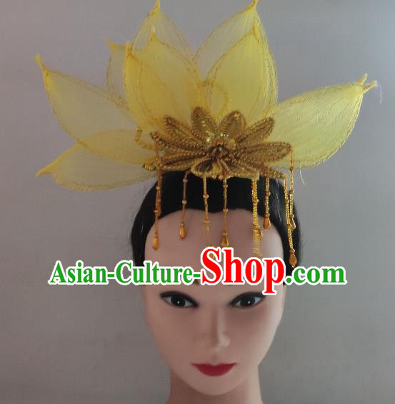 China Traditional Spring Festival Gala Opening Dance Hair Crown Classical Dance Yellow Lotus Headpiece Yangko Dance Hair Accessories