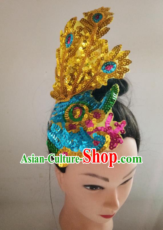 China Traditional Peacock Dance Hair Stick Folk Dance Headpiece Yangko Dance Sequins Phoenix Hair Accessories