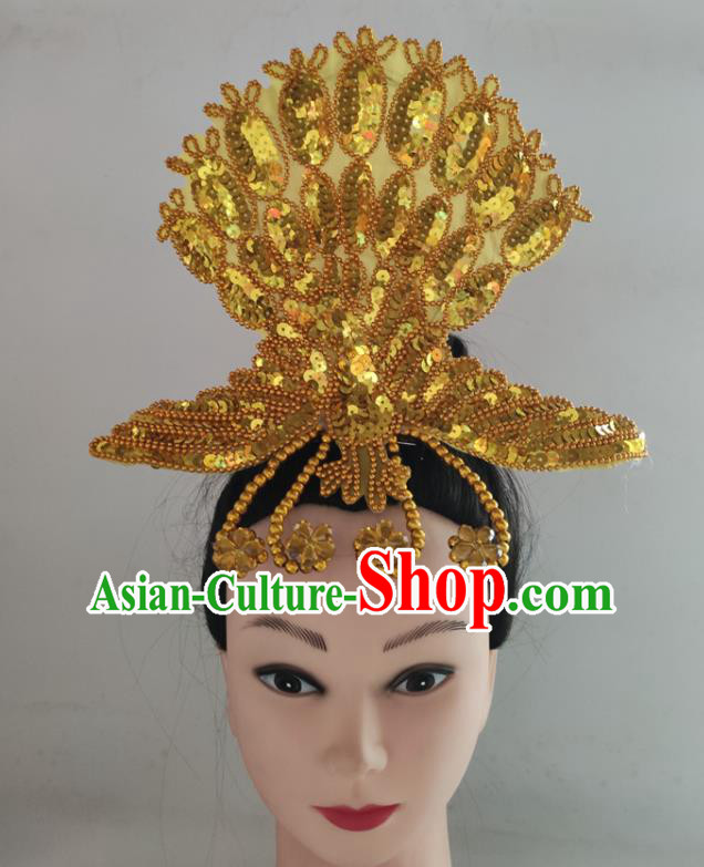 China Yangko Dance Hair Accessories Traditional Peacock Dance Hair Stick Folk Dance Golden Sequins Phoenix Headpiece