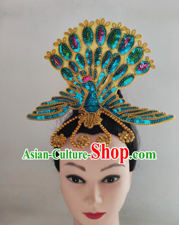 China Folk Dance Blue Sequins Phoenix Headpiece Yangko Dance Hair Accessories Traditional Peacock Dance Hair Stick